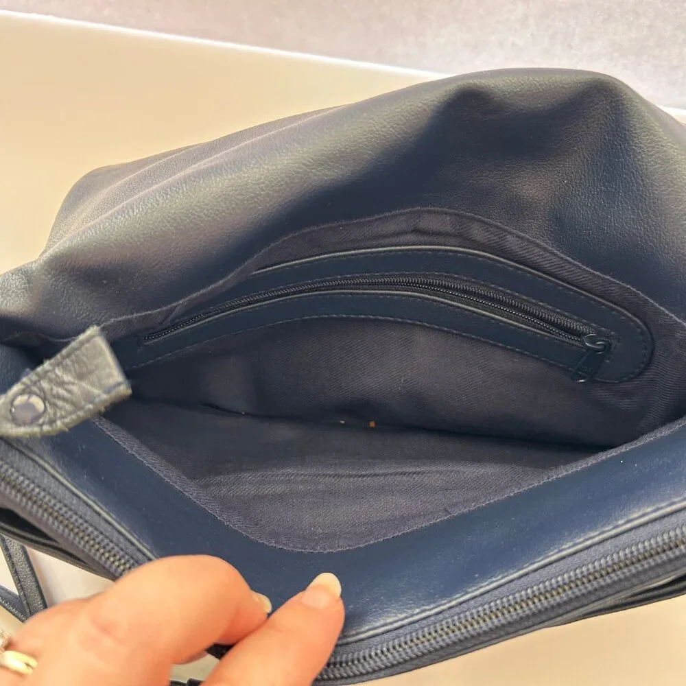 Vintage 90s Slouchy Navy Crossbody Bag with Flap and Gold Hardware